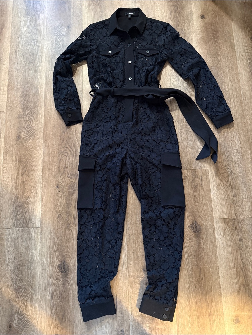 Express Lace Button Front Cargo Straight Leg Jumpsuit Size XS - Picture 6 of 14